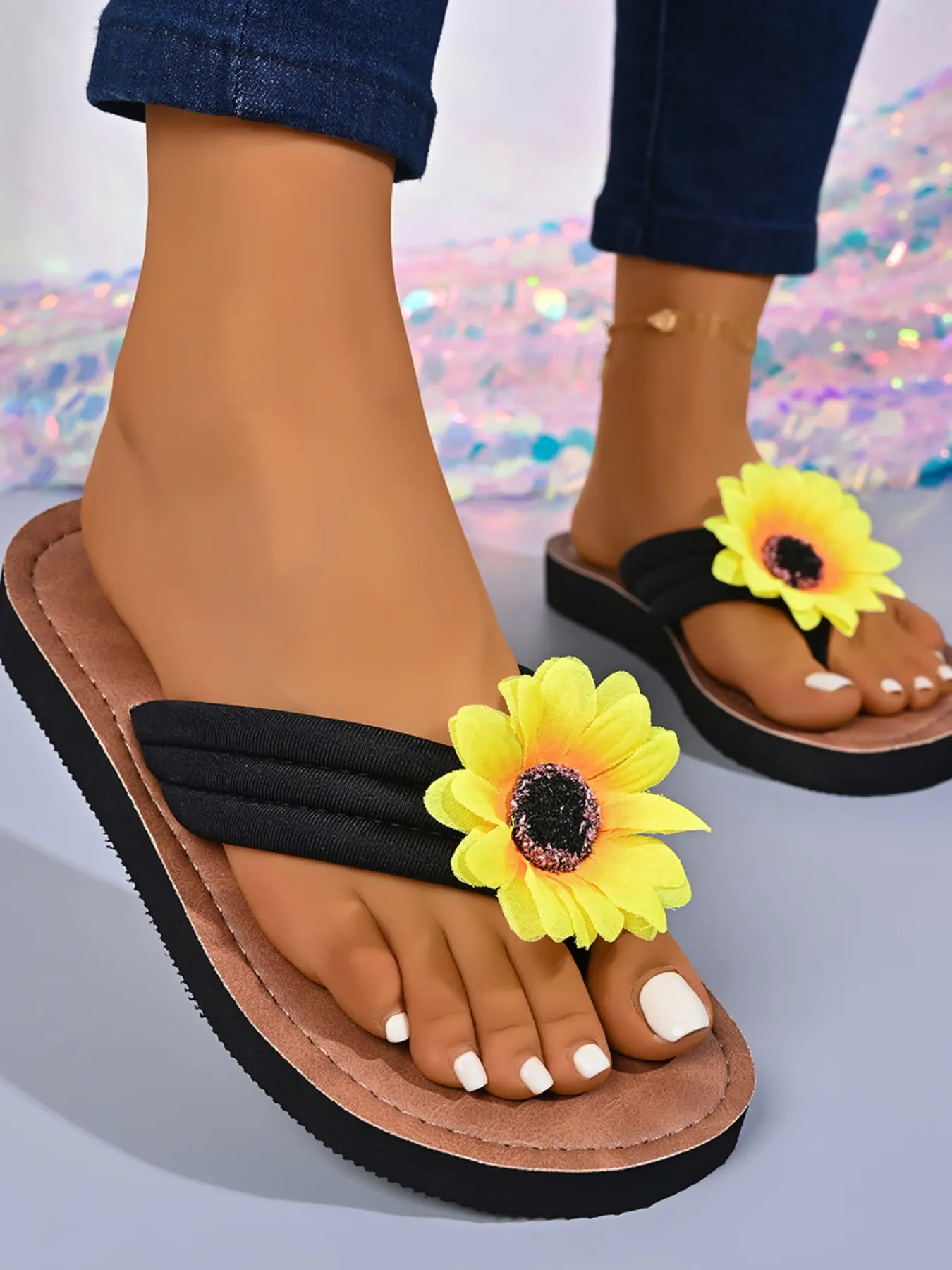 Women's Summer Sunflower Slippers, Fashion Textile Eva Sole, Shock Absorbing Thick Bottom, Outdoor Beach Sandals, Comfortable Non-Irritating