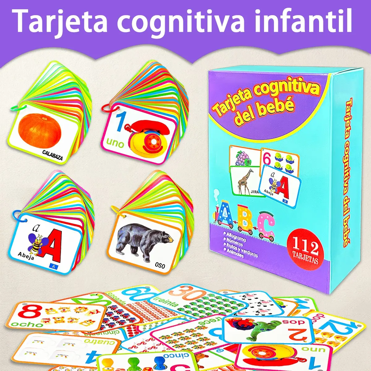 Spanish Early Learning Flashcards, 4 Themes Included, Alphabet Numbers Animals Fruits Vegetables, Baby Reading Cards, Waterproof Durable