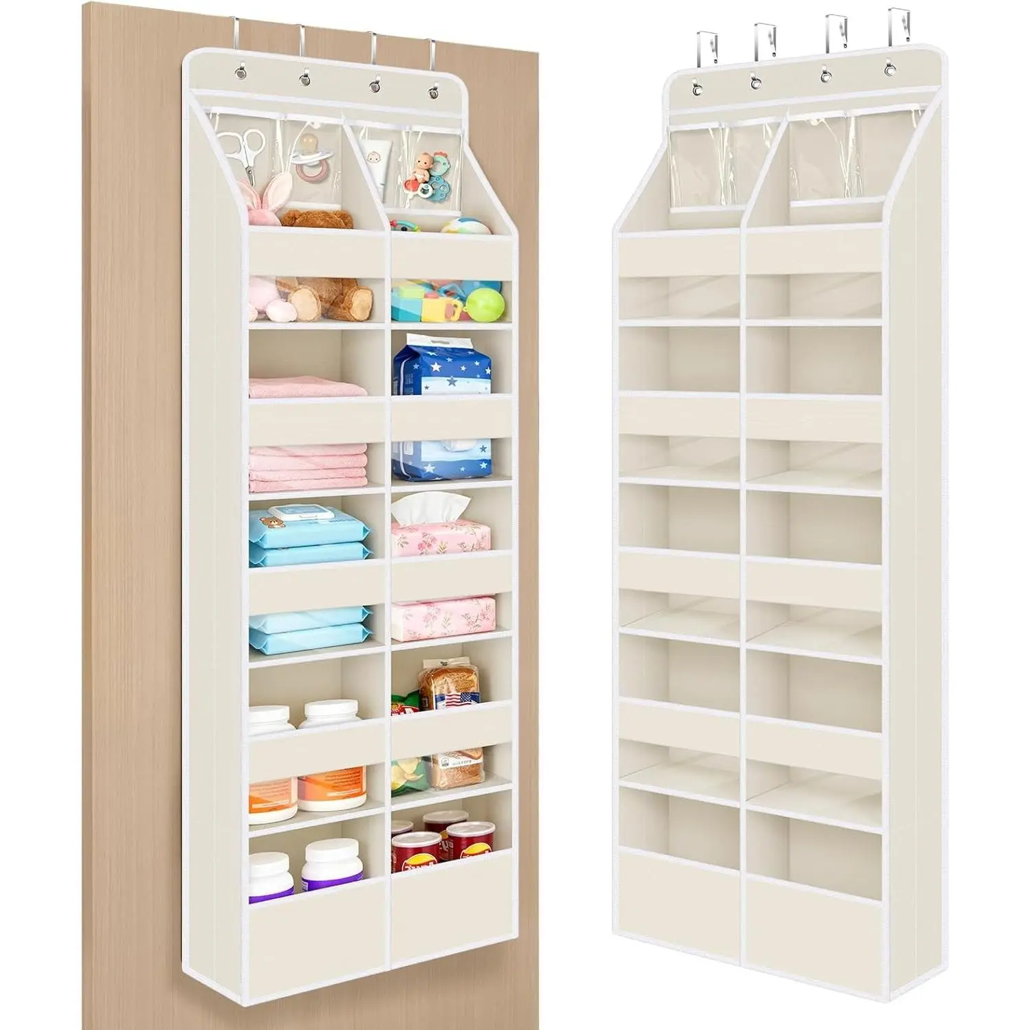 6-Shelf Baby Door Storage Over Door Fabric Hanging Organizer with 10 Deep Pockets and 4 Small PVC Pockets Wall Mount Hanging Storage Organizers for Baby Essential (Beige)