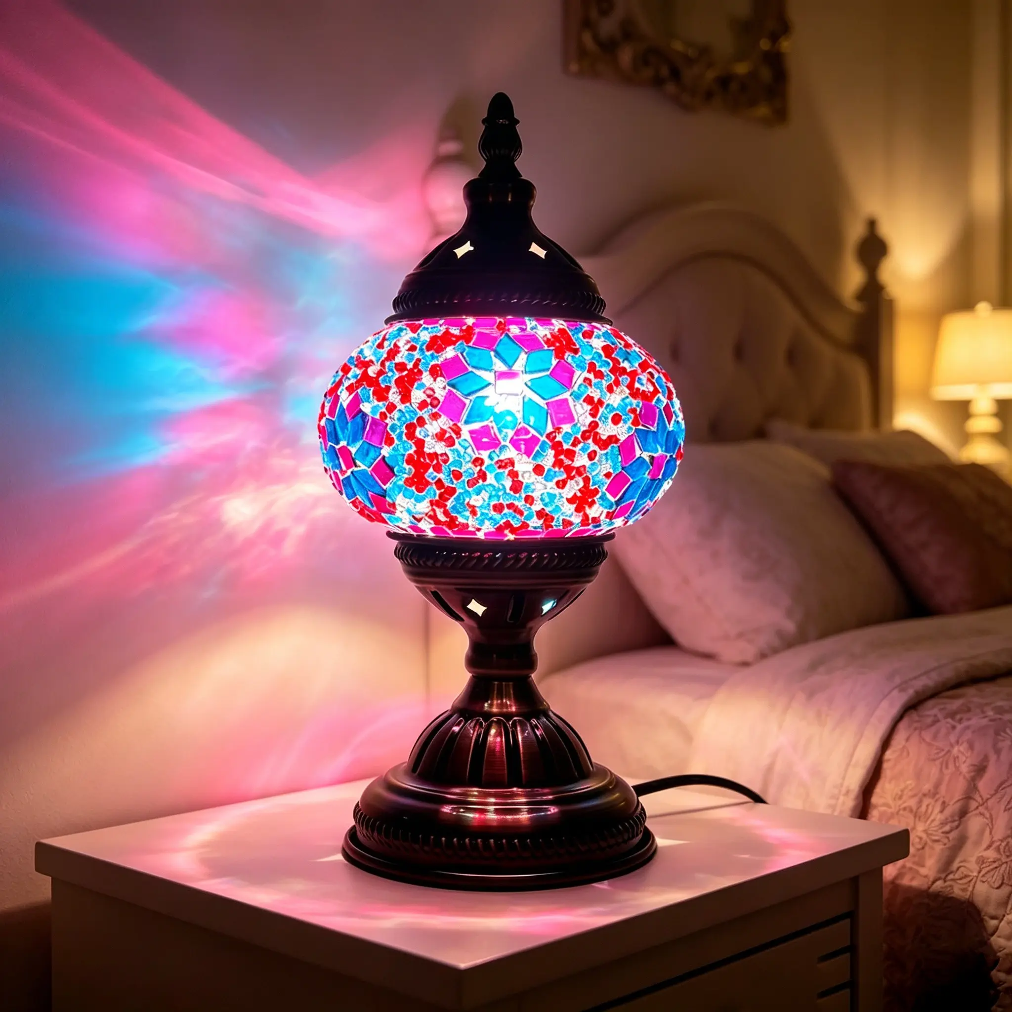 Handmade Table Lamp, Pink Red Stained Glass Moroccan Night Light, Vintage Bohemian USB Bedside Desk Lamp with Pink Gradient Projection Bedroom Nightstand Home Decor Housewarming