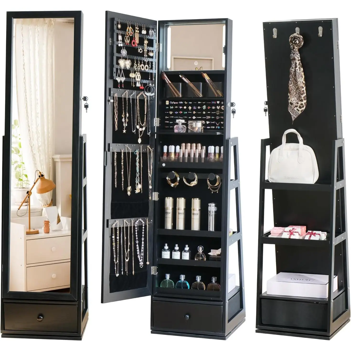 Full Length  Cabinet Standing With -In Mirror  Armoire With Mirror Drawers, Lockable Storage Mirror With Storage Racks Black