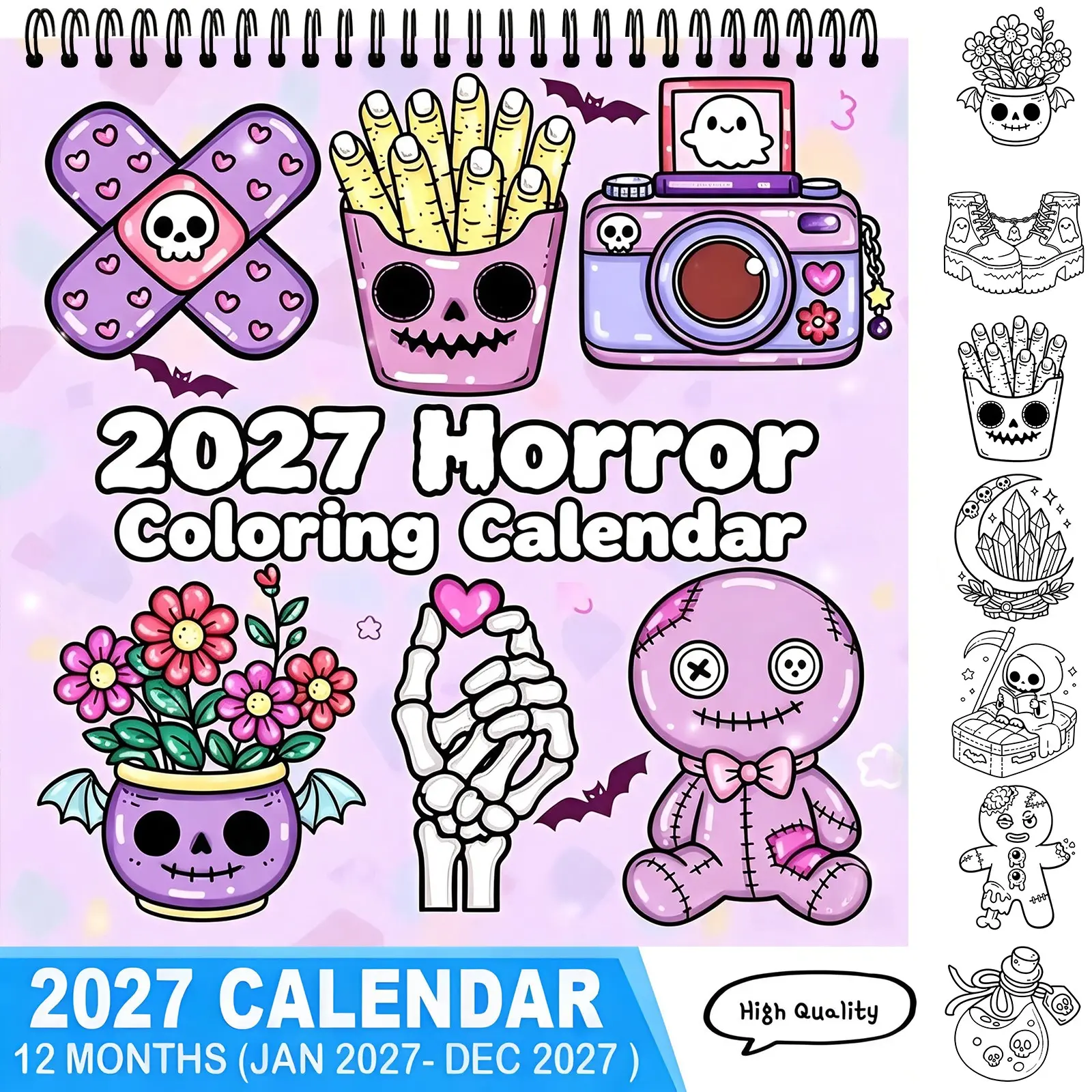 2027 Cute Spooky Horror Coloring Calendar 12 Months Jan-Dec Spiral Binding High Quality Gothic Skeleton Voodoo Doll Themed Coloring Planner Stress Relief Home Office Decor Gift For Dark Aesthetic Lovers,coloring page calendar,new year calendar