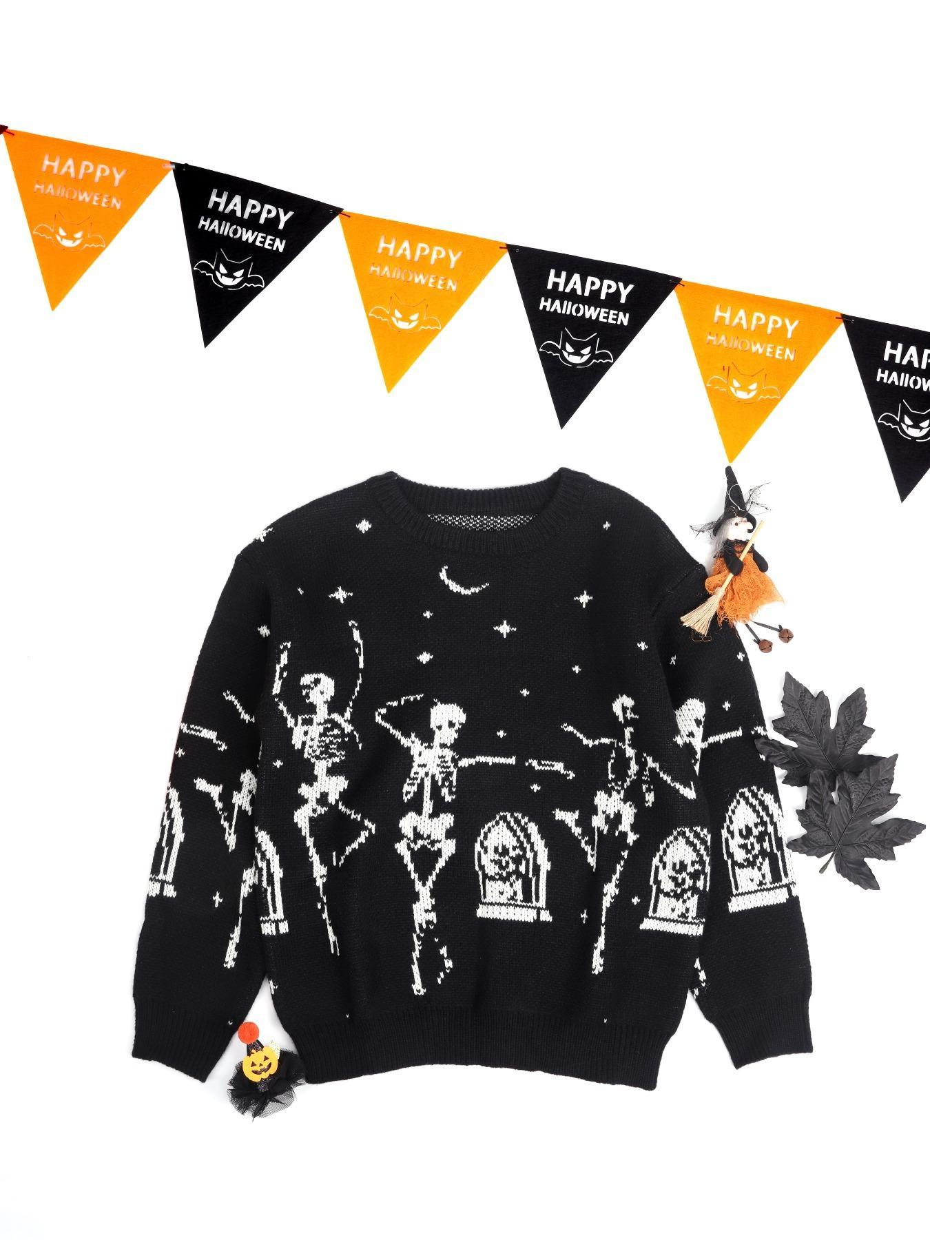 Women's Halloween Skeleton & Star Moon Print Round Neck Soft Sweater, Casual Long Sleeve Crew Jumper for Fall, Costumes, Fashion Ladies' Knitwear Daily Wear, Everyday, Womenswear, Knitting, Tops, Graphic stretch fit