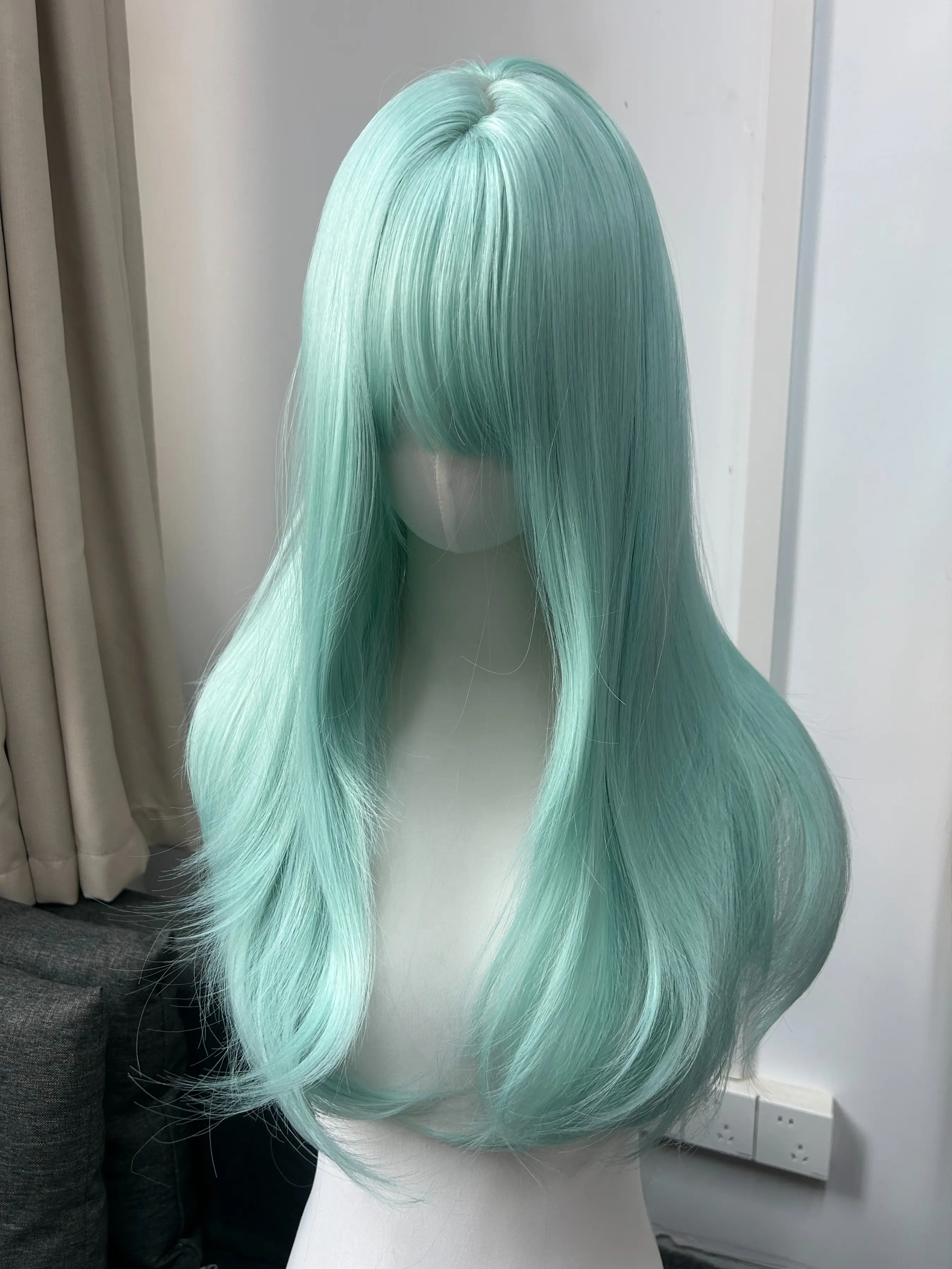 Mint Long Synthetic Straight Wig with Bangs for Women, Fashionable Color, High-Quality Heat-Resistant Fiber, Realistic Scalp Line, Perfect for Parties and Daily Use