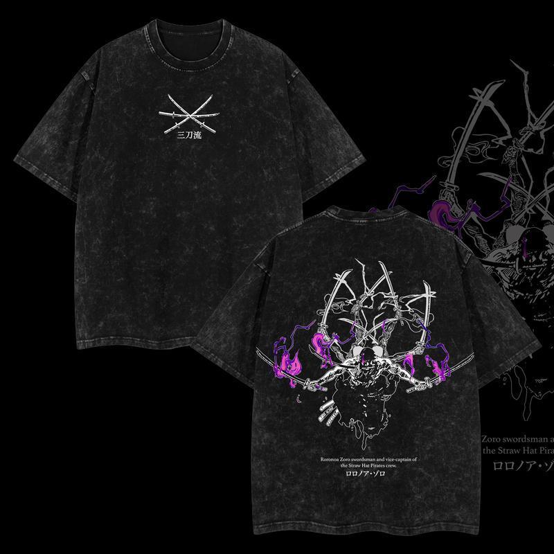 Roronoa Zoro One Piece Graphic Tee – Double-Sided Print Vintage Acid-Washed Oversized Anime Shirt, Lightweight Cotton Unisex Top, Trendy Streetwear Menswear for Casual, Party, Convention, and Anime Fans