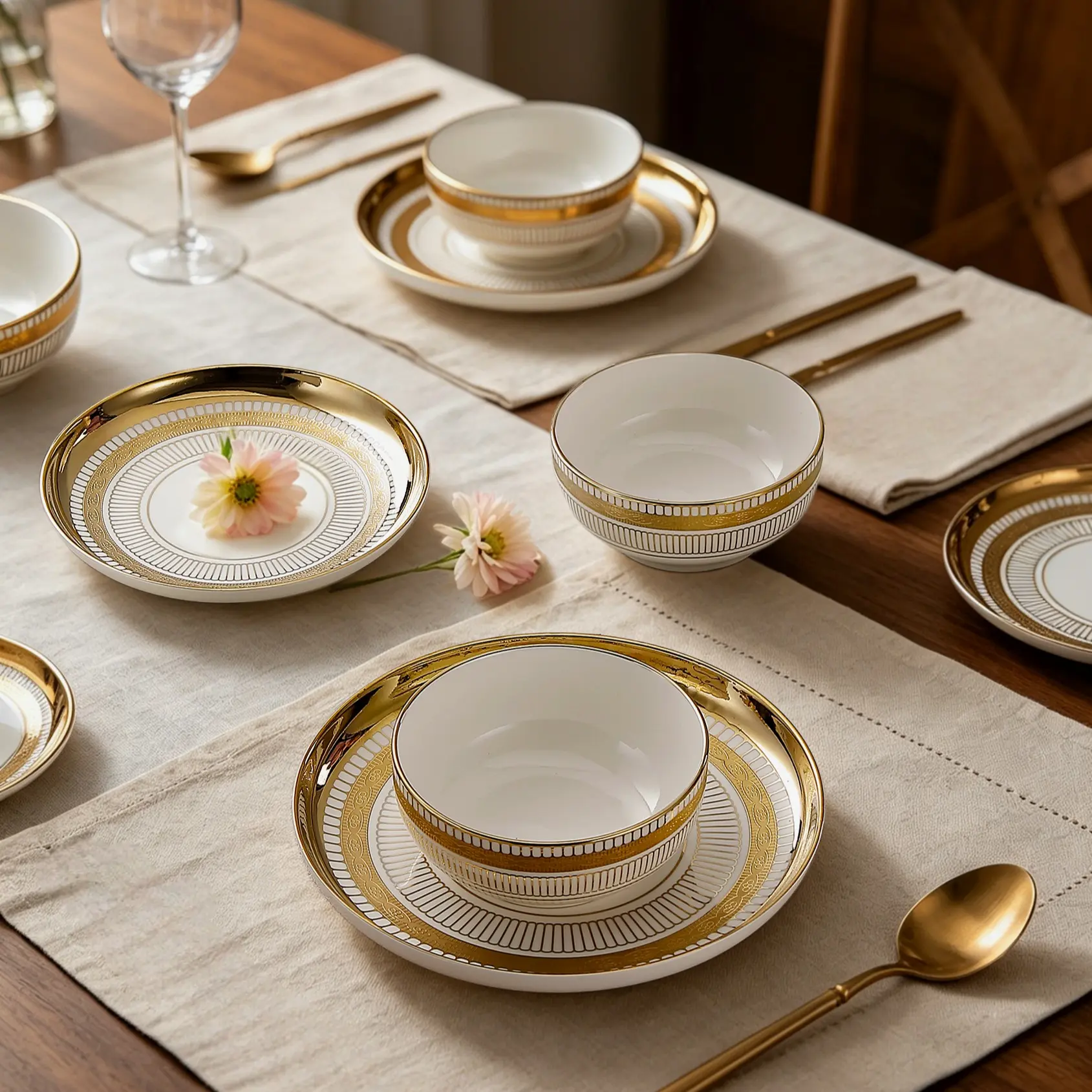 8pcs Dinner Set, Durable and Stylish Ceramic Plates, Elegant Tableware for Main Course, Dessert, Soup, Gift-Ready Hand-Gilded Pasta Plate
