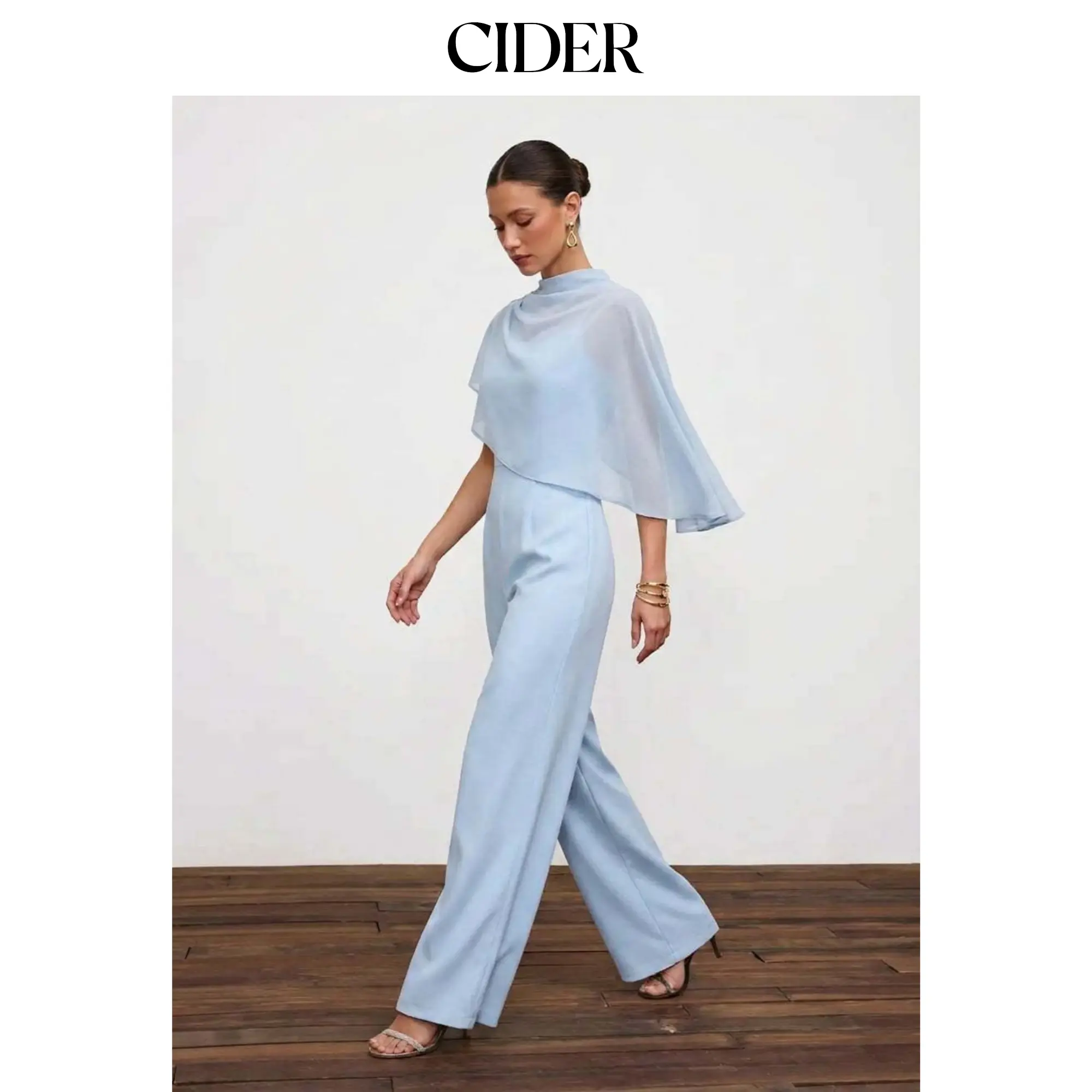 Cider Stand Collar Asymmetrical Cloak Sleeve Mid Rise Wide Leg Jumpsuit