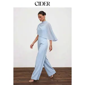Cider Stand Collar Asymmetrical Cloak Sleeve Mid Rise Wide Leg Jumpsuit