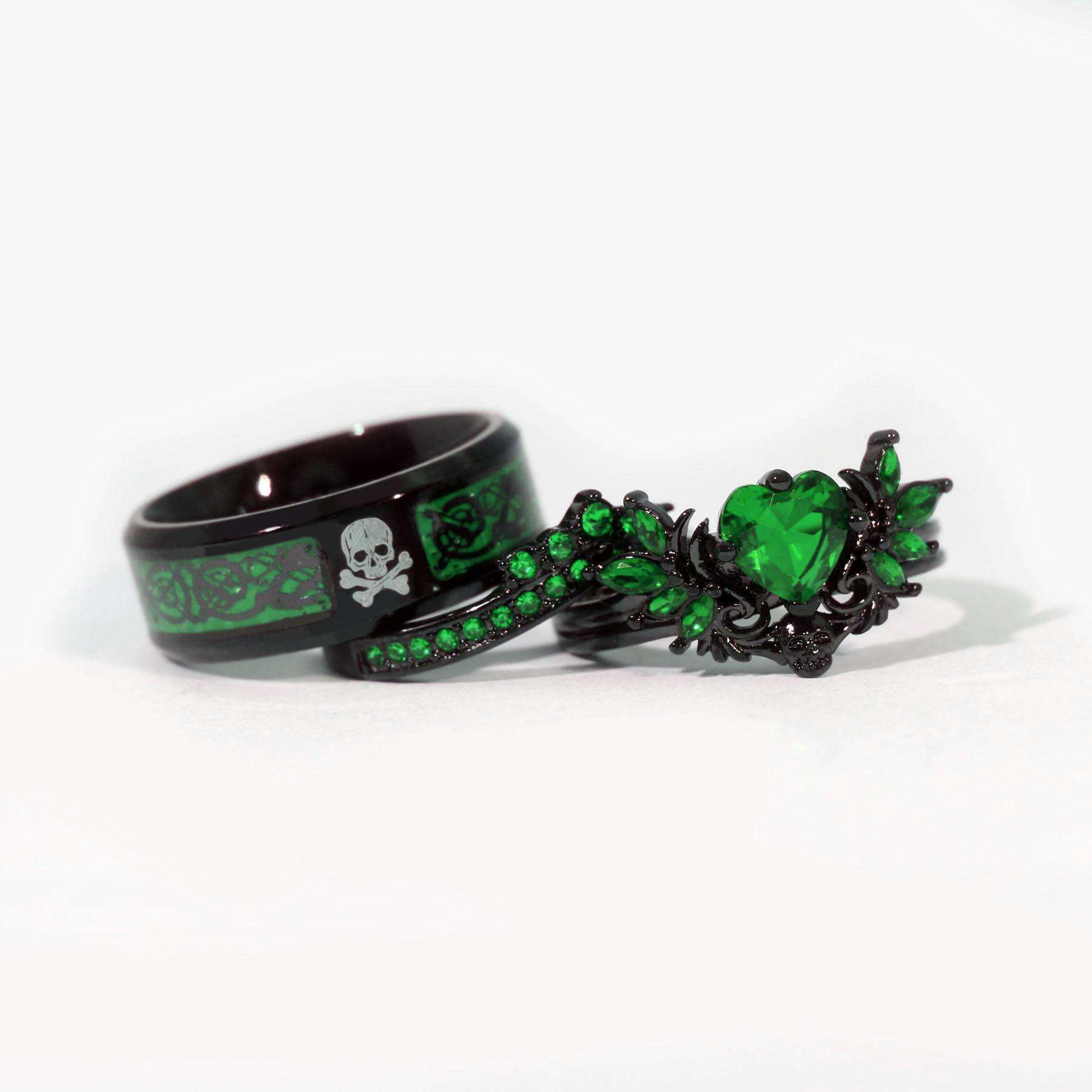 Lvrong Couple Rings Matching Rings Black Wings Skull Ring 1.5ct Heart Green CZ Womens Wedding Ring Sets Punk Ring Lvrong Couple Rings Matching Rings Black Wings Skull Ring 1.5ct Heart Green CZ Womens Wedding Ring Sets Punk Ring