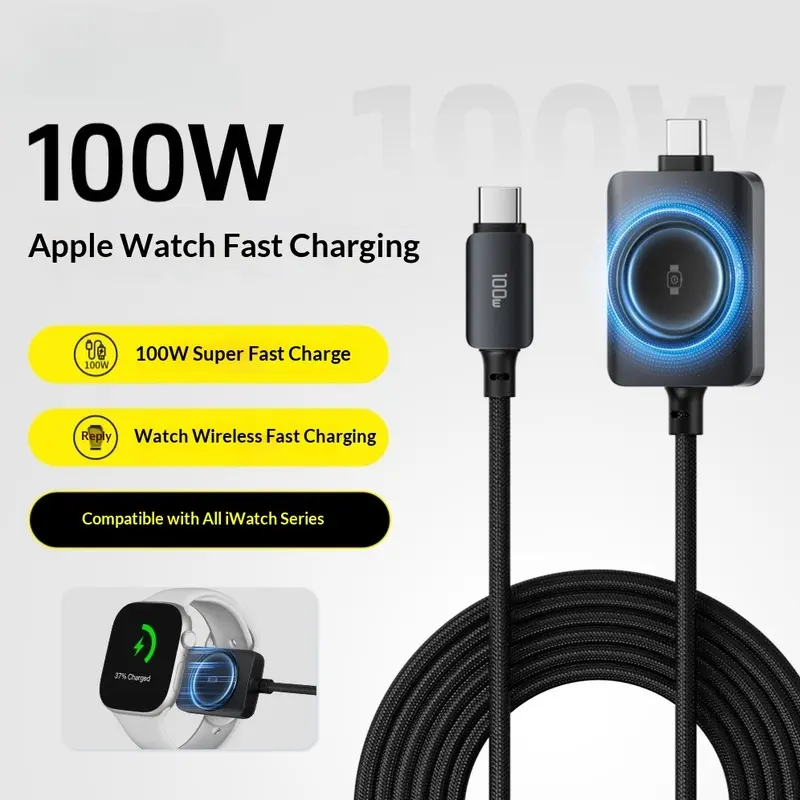 2-to-3 fast charging data cable, PD100W magnetic wireless charging, compatible with Apple iPhones, laptops, and iWatch.
