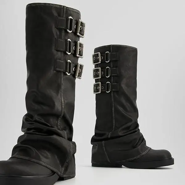 Women Slouchy Knee High Boots Casual Round Toe Pull On Riding Biker Boots Fold Over Chunky Low Heel Platform Boot