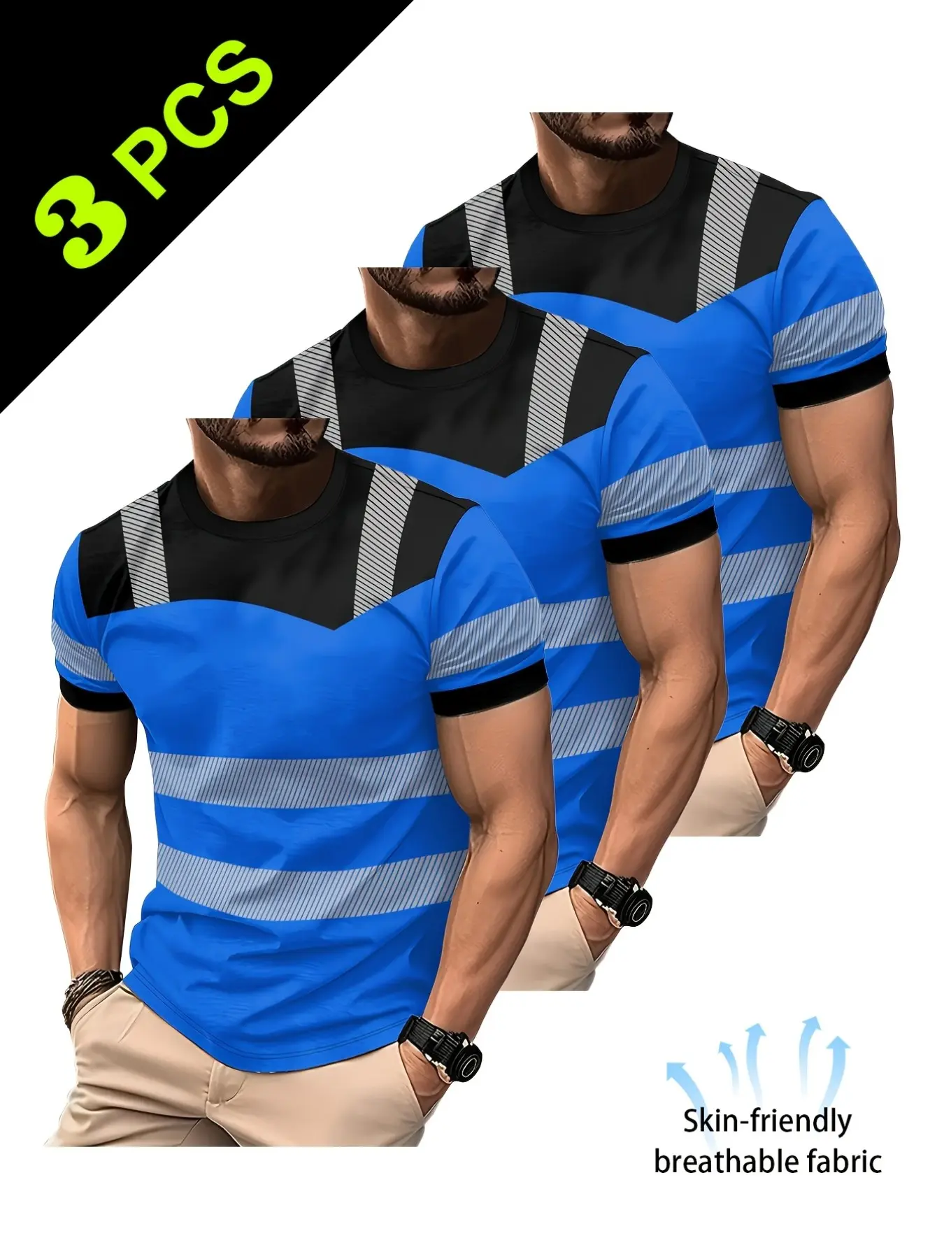 3 PCS Men Color Block Crew Neck Short Sleeve T‑Shirt Set, Lightweight Breathable Workwear Tee Pack, Loose Fit Casual Tops For Construction Site Outdoor Daily Working