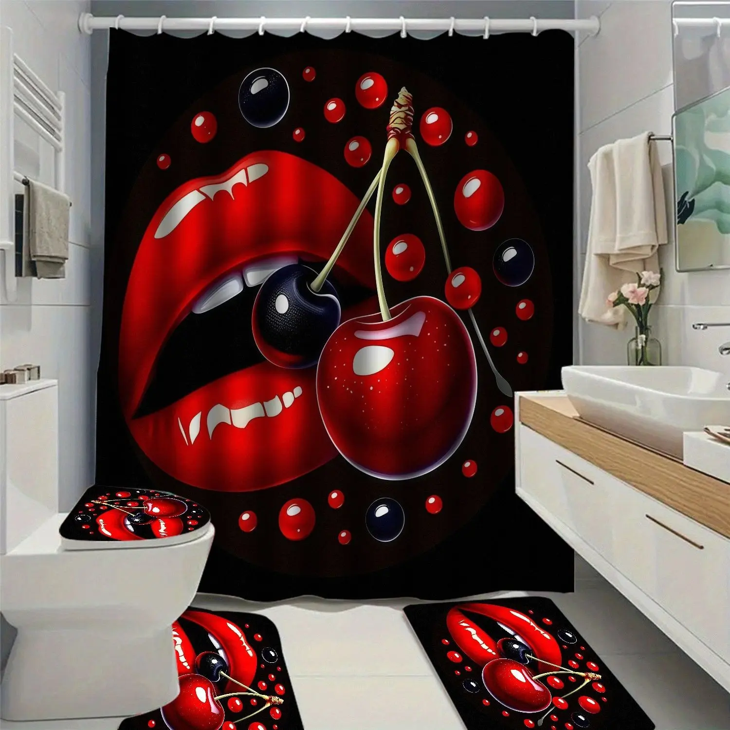 Vampire Cherry Print Bath Curtain Set, Dark Retro Style, 100% Polyester Waterproof Shower Curtain, Bathroom Decorative Item