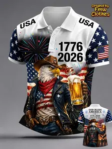 Men's American Independence Day 250th Anniversary Cowboy Eagle Beer Memorial Short Sleeve Shirt, Patriotic Casual Polo for All Seasons