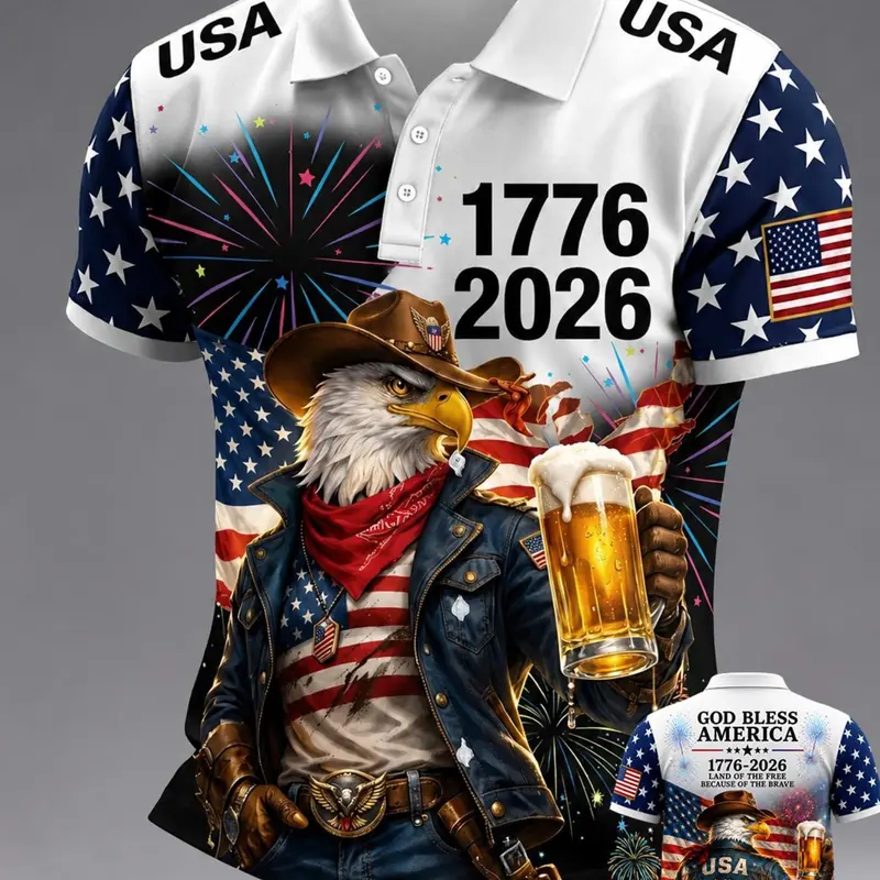 Men's 250th American Independence Day Anniversary Cowboy Eagle Beer Memorial Short Sleeve Shirt, Patriotic Casual Premium Shirts Fitted Printed Polo Top for All Seasons