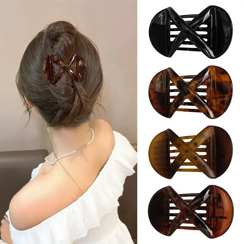 4-Pack French Style Hair Claw Clips, X-Shape Tortoise Shell & Amber Brown Accessories for Women, Flat-Lay Comfort Design with Secure Interlocking Jaw for Thick or Fine Hair, 4Pc, Interlocking Jaw Mechanism, Hair Styling