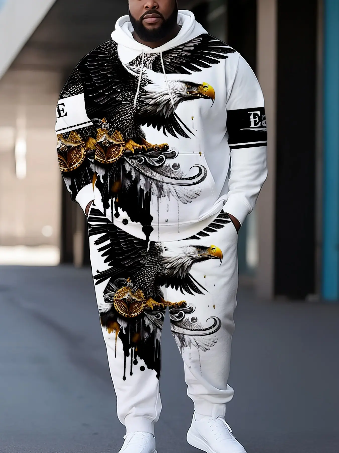 Men's Hooded Sportswear Set, Base Gold Eagle Print, 3D Full Print, Large Size, Casual Long Sleeve Sweatshirt & Pants