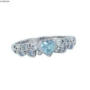 4 Color Heart Cut Cubic Zirconia Vine Leaf Ring, Silver Plated Milgrain Border Love Gem Statement Jewelry for Women Daily Wear & Promise Gift