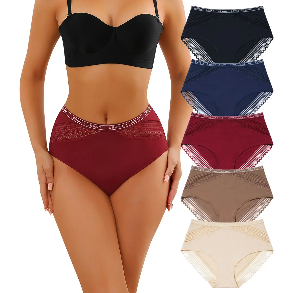 LEVAO Women's High Waisted Cotton Underwear 5-Pack, Plain Full Coverage Panties for Women with Lace Trim, Sizes S-XXL
