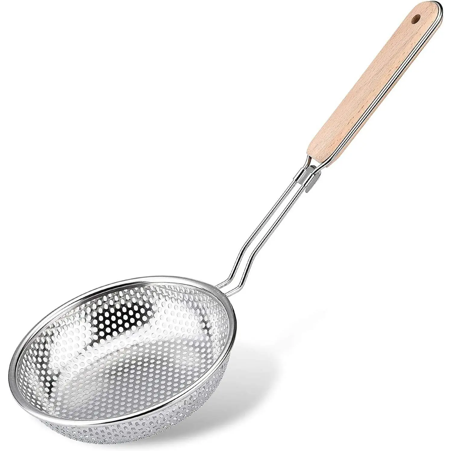 TENTA KITCHEN Stainless Steel Micro-Perforated Skimmer Strainer, 20 Ounce Pasta Noodle Net Basket with Wooden Handle
