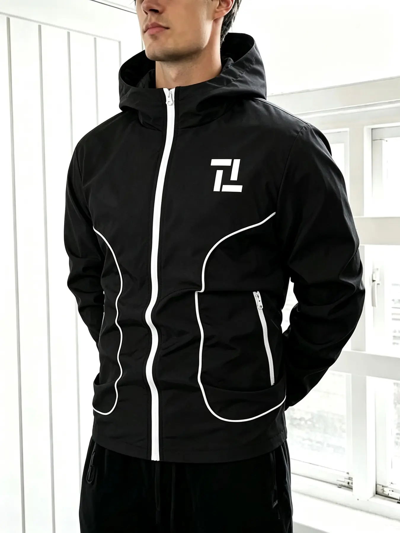 Men's Black Full Zip & Side Stripes Design Stand Up Hooded Windbreaker Geometric Blocks Print Casual Sport Jacket for Daily Streetwear Running Workout Outerwear Tops