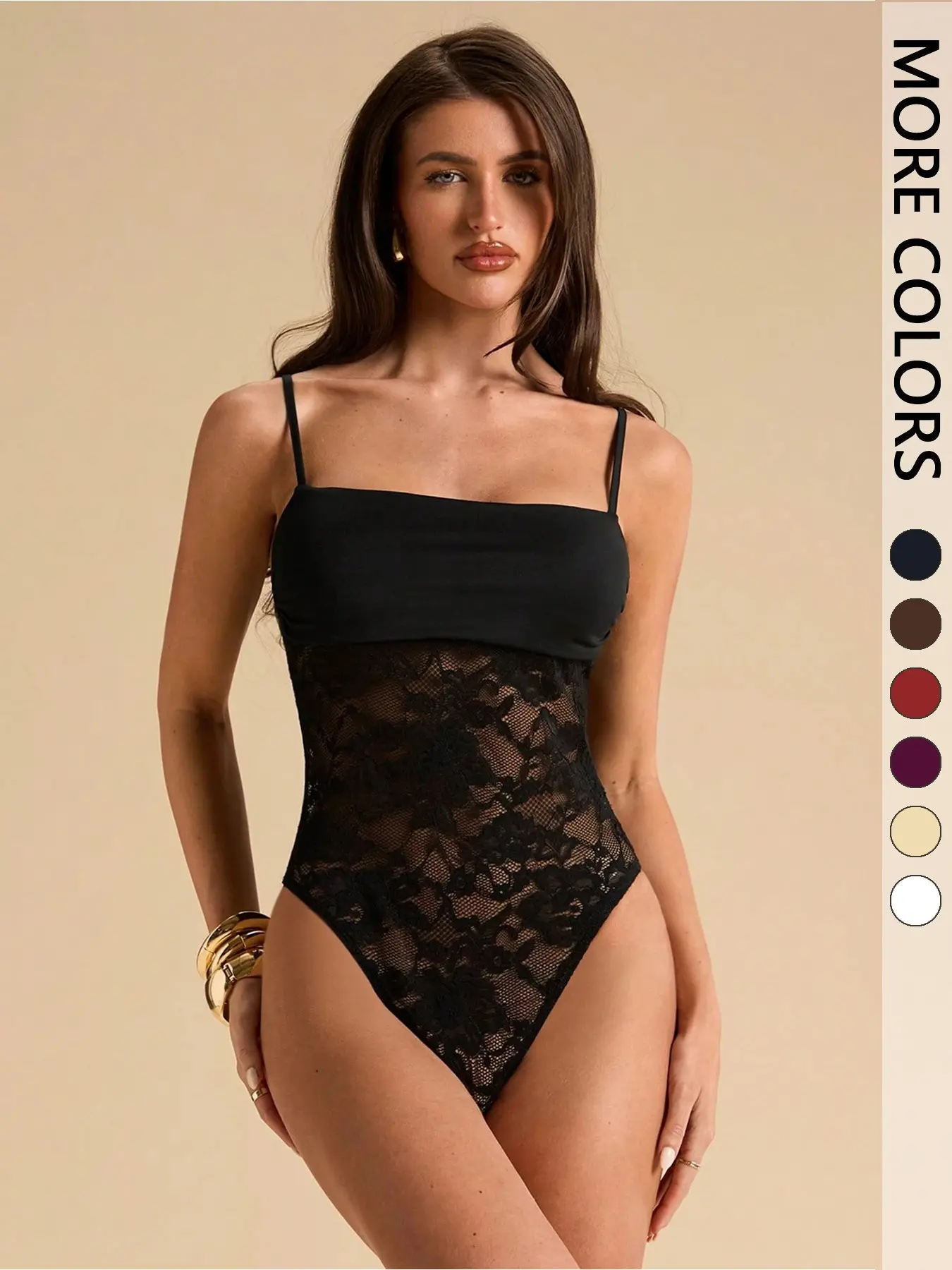 1PC Women's Straight Neck Sleeveless Lace Sheer Elegant Chic Camisole Bodysuit, High Cut Spaghetti Strap Tank Top