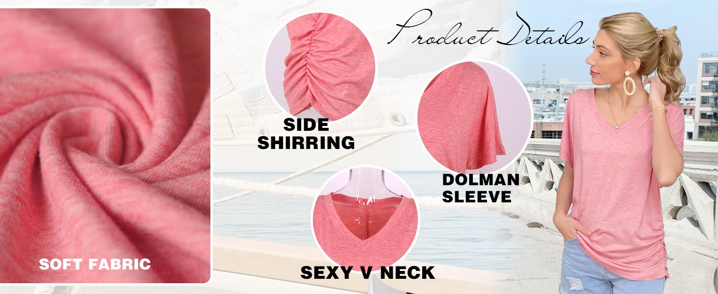 WIHOLL Womens Short Sleeve V Neck Dolman Tops with Side Shirring Loose Fit Shirts SpringStatements