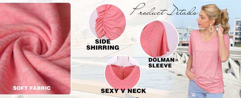 WIHOLL Womens Short Sleeve V Neck Dolman Tops with Side Shirring Loose Fit Shirts