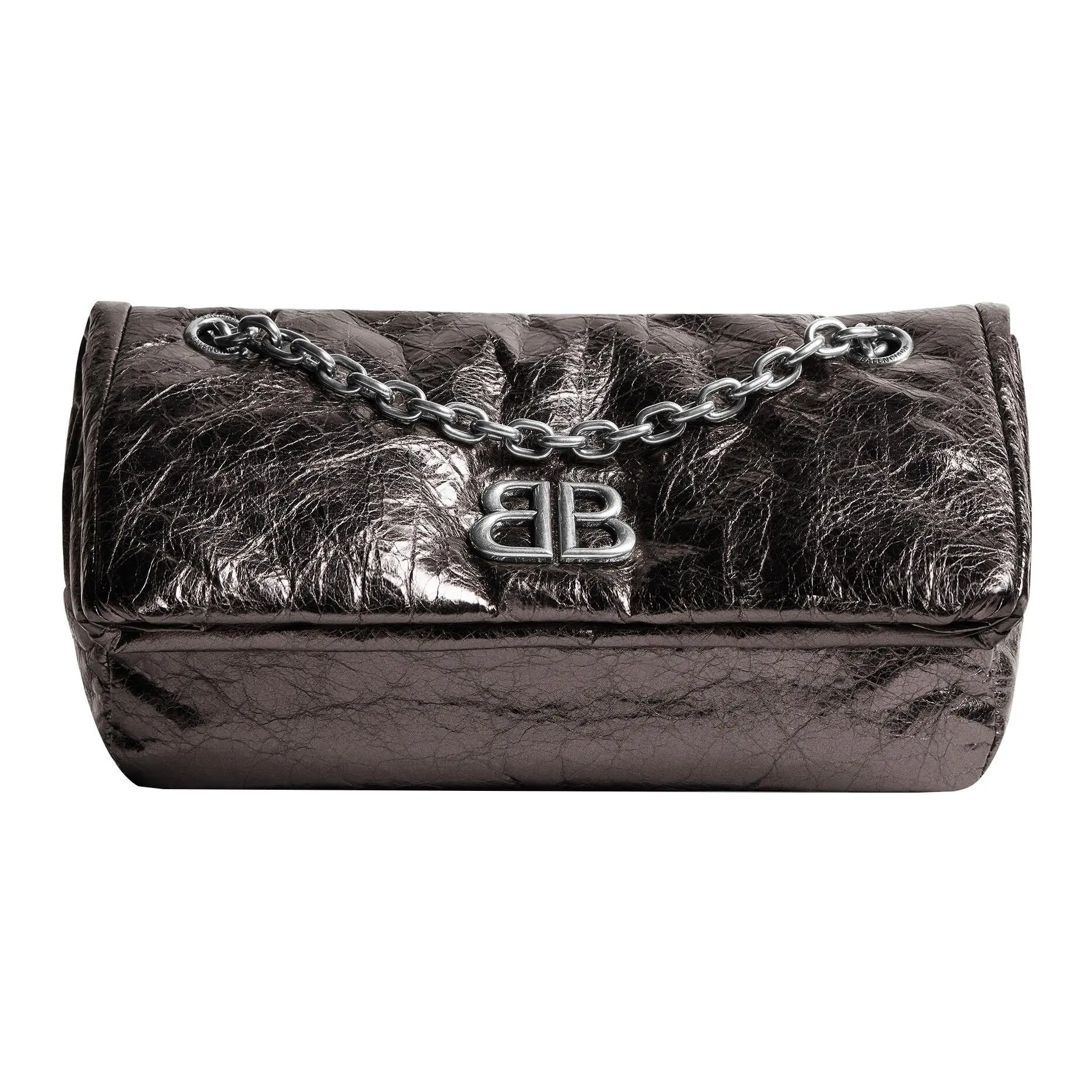 Balenciaga Monaco Distressed Silver BB Logo Flap Closure Arena Calfskin Chain Bag for Women in Dark Gray