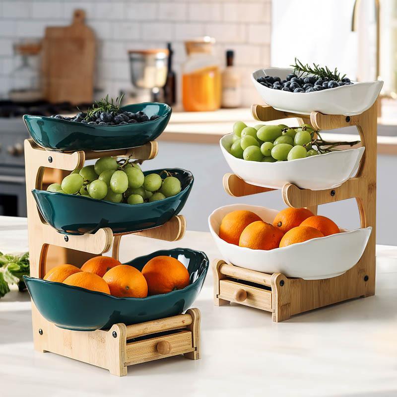3 Tier Fruit Bowl, 1 Count Large Capacity Tiered Fruit Basket with Bamboo Stand Display Storage Rack, Kitchen Counter Tray for Fruit Snack Nuts Bread Candy, Drawer Style Options #TOP PICKS