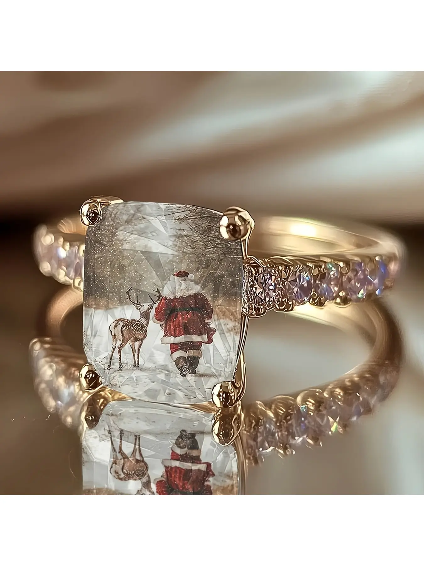 Snowy Christmas Santa and Deer Back-View Embroidered Ring, Retro Winter Snowscape Illustration, Set with Diamonds and Gold Band, Atmosphere-Enhancing Christmas Accessories