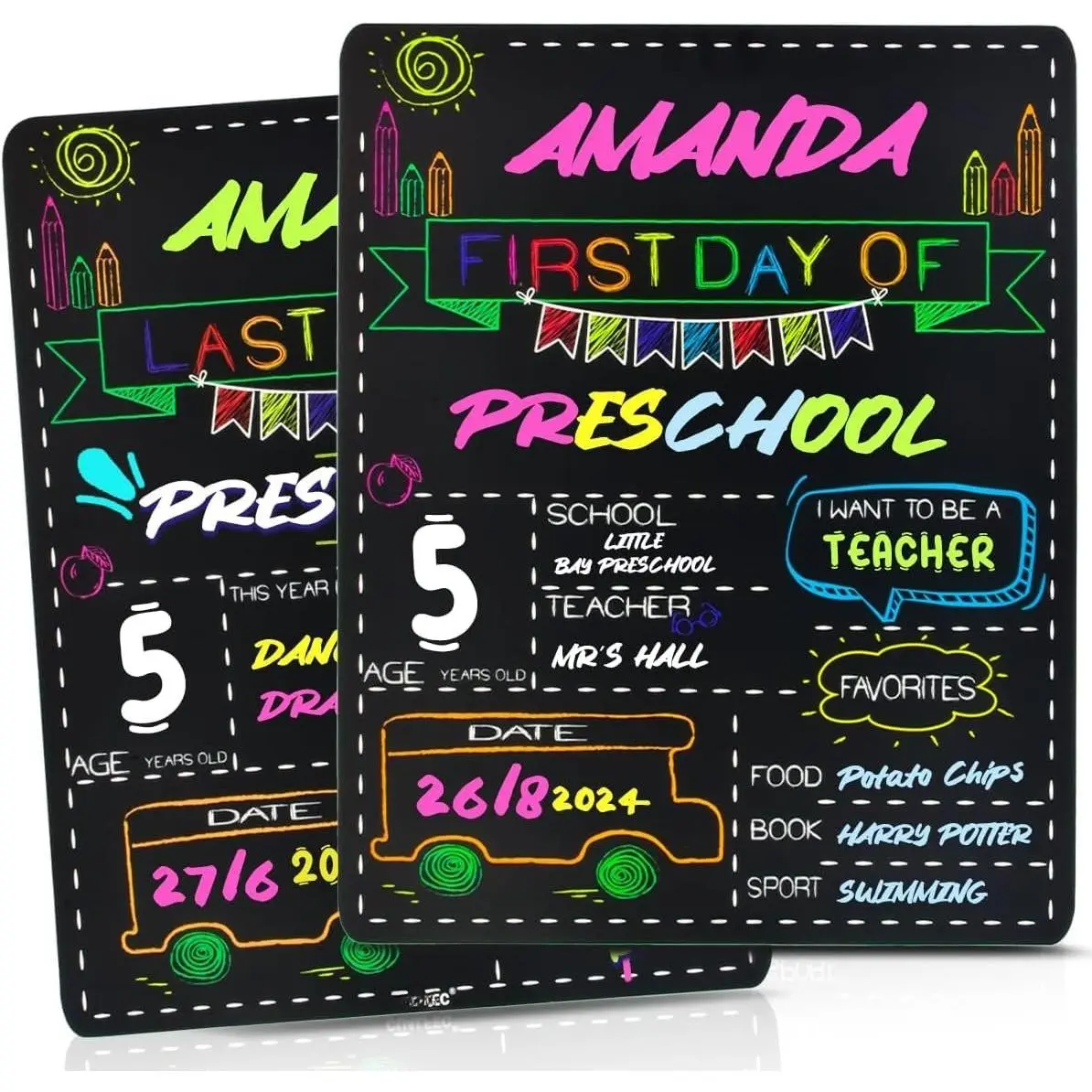 Personalized  and Last Day of School Sign 13" x 16" Large Chalkboard Style Photo Prop  to School Supplies - 2 count