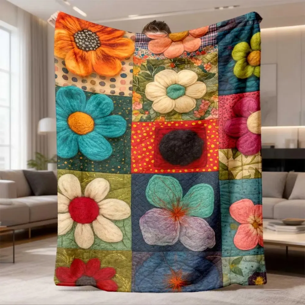 Retro Patchwork Floral Quilt‑Style Flannel Throw Blanket, 70s Boho Colorful Block Flower Print Plush Blanket, Soft Lightweight Fleece Blanket for Sofa Bedroom, Grandmacore Vintage Aesthetic Home Decor Gift for Women