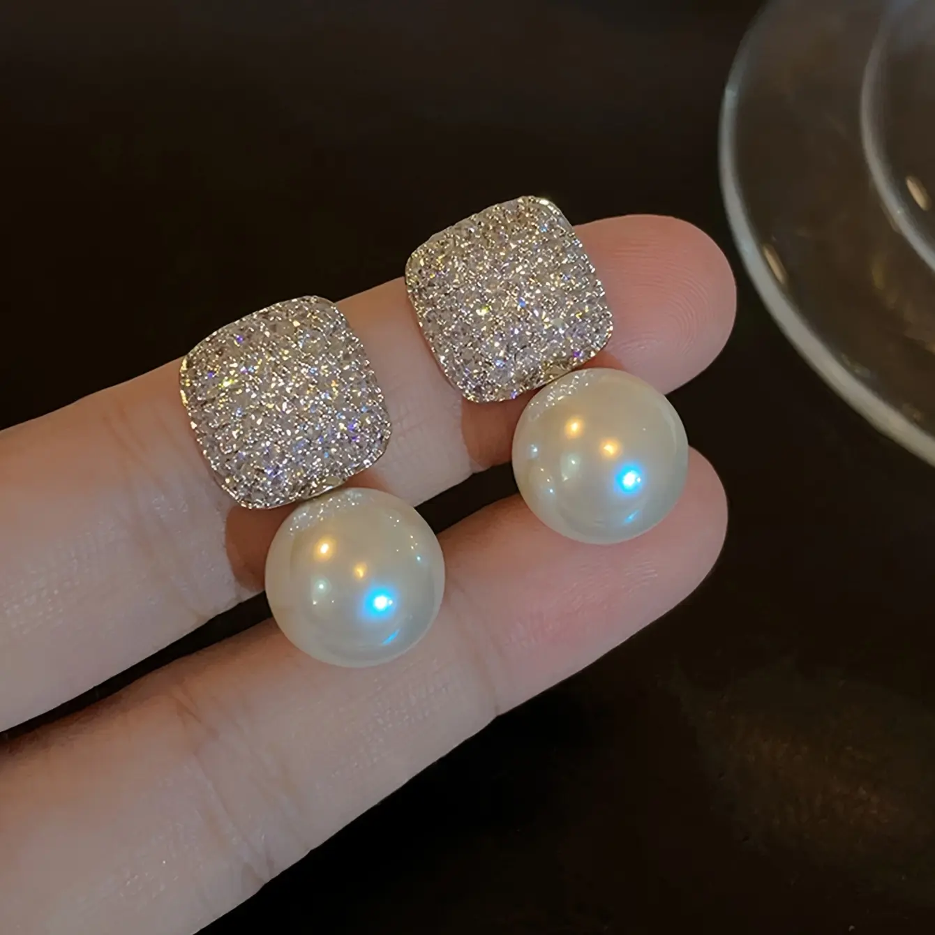 925 Silver Post Faux Pearl & Cubic zirconia Statement Stud Earrings for Women, Sparkling Square Crystal Double-Sided Earrings, Elegant Fashion Jewelry for Party, Wedding & Gifts