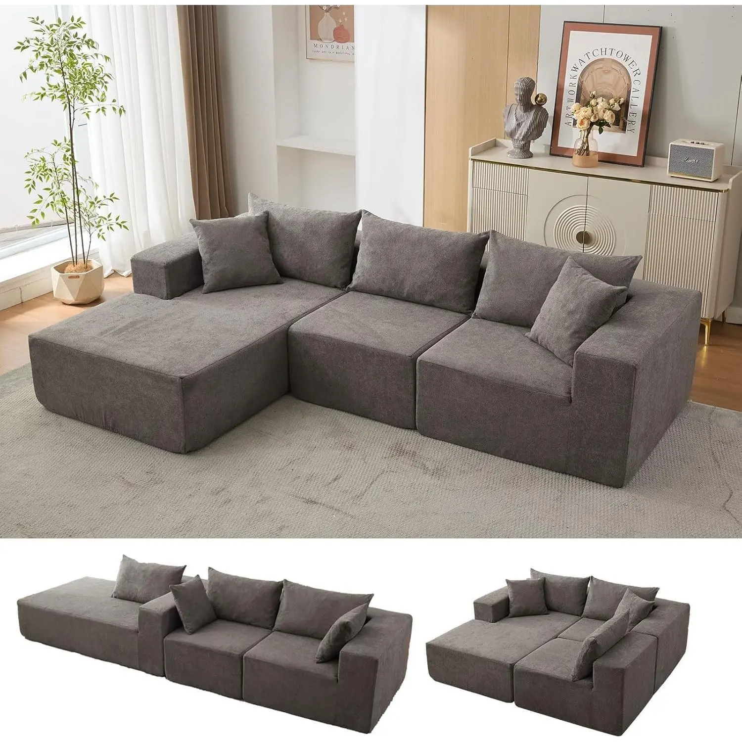 Garvee 108" Modular Cloud Sectional Couch with Chaise - Fluffy Compressed L-Shaped Sofa for Living Room, Boneless Design, No Assembly Required, Available with Left or Right Chaise, Beige Color