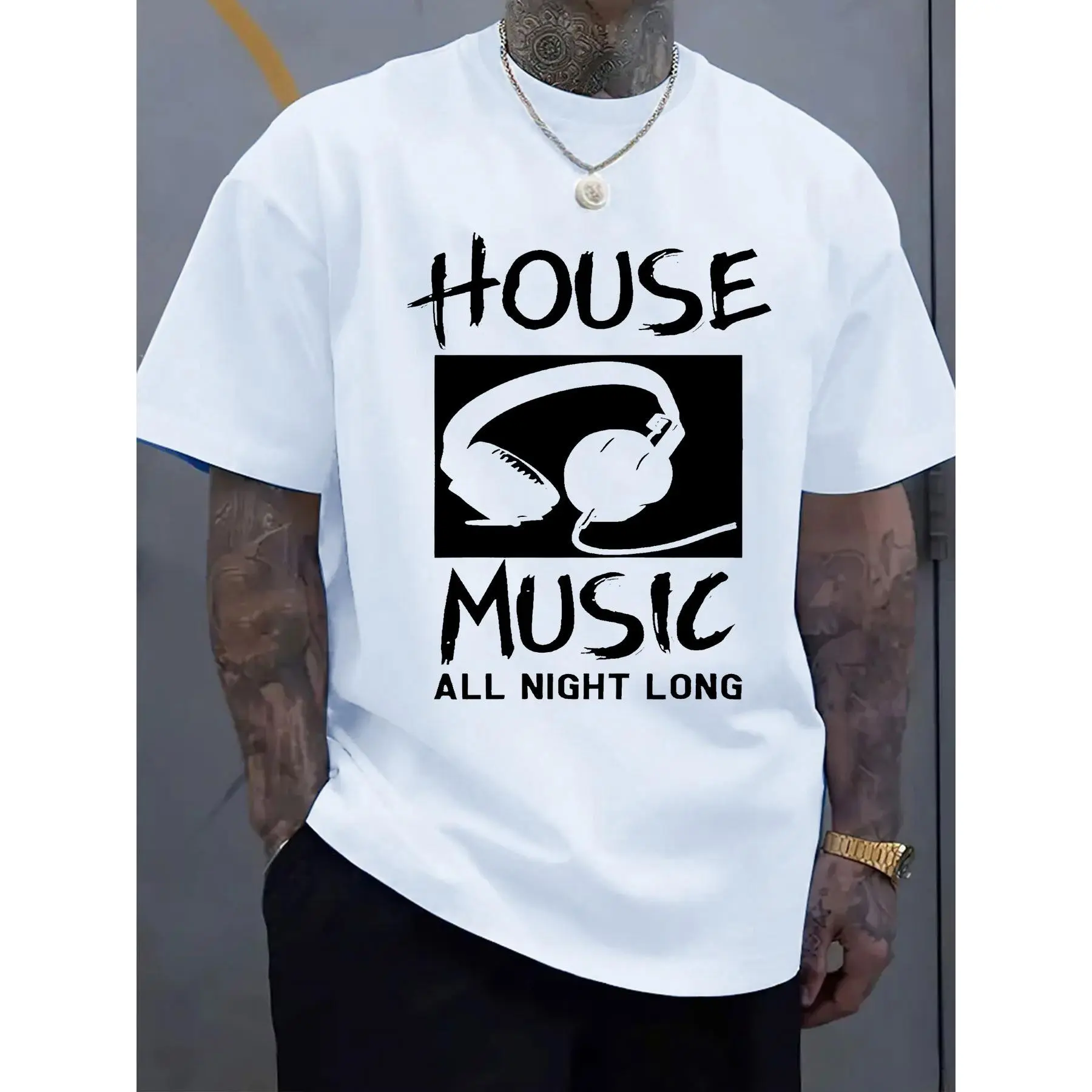 House Music All Night Long Headphones Graphic T-Shirt 100% Cotton Techno Rave DJ Club Party Oversized Men Street Tee,funny graphic tee,summer graphic tees,tee