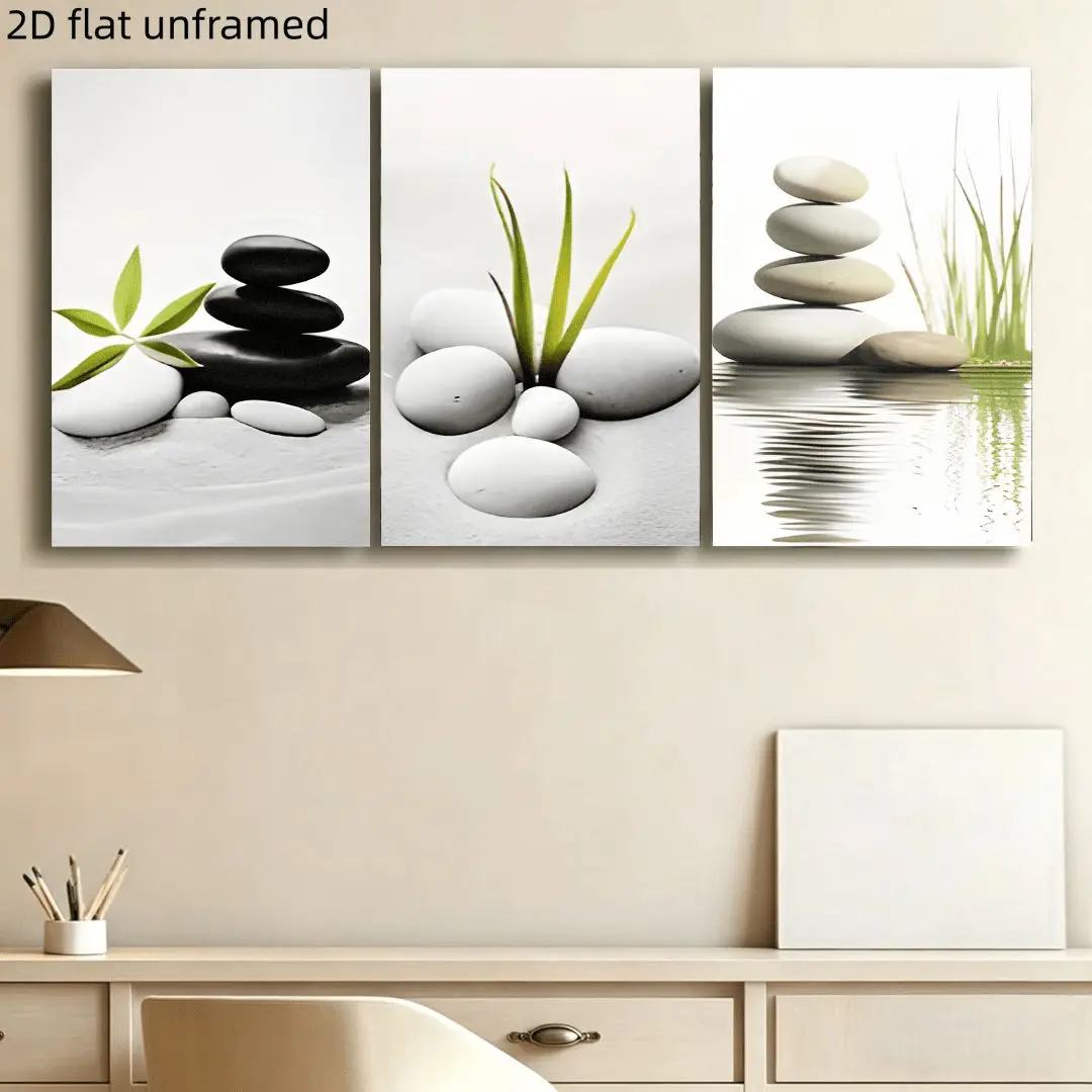 2D Flat Painting, 3-piece set of modern Zen-inspired pebble wall art, suitable for living room, bedroom, office decoration--Minimalist vertical painting, self-adhesive decorative canvas, spring/summer aesthetic gift, contemporary Zen style, 2D flat painti
