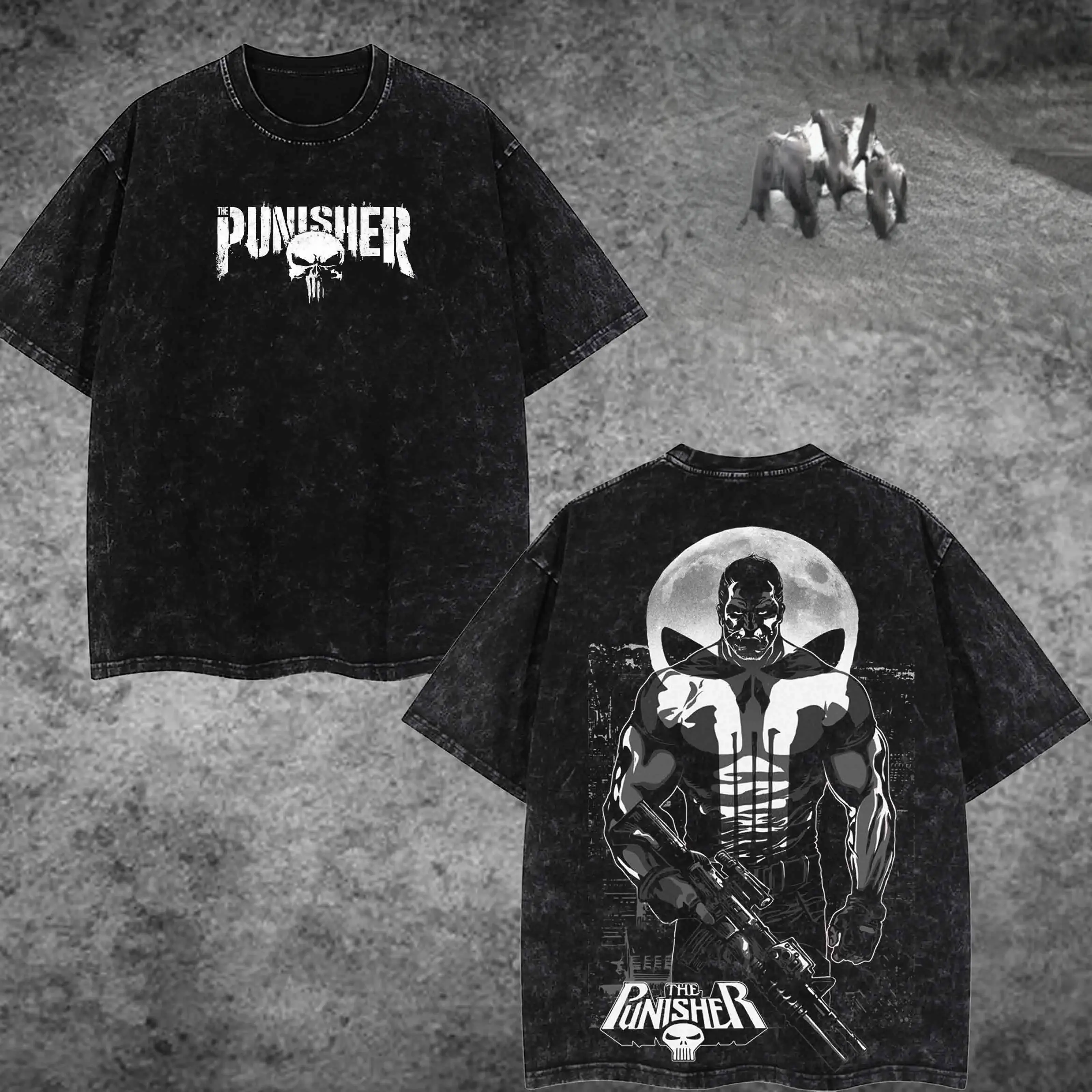 Retro The Punisher Worn Grunge White Skull Text Logo Front Chest Print & Full Moon Background Muscular Rifle-Wielding Punisher Hero Back Graphic Dual-Sided Vintage Washed Black T-Shirt, Unisex Oversized Heavyweight Cotton Streetwear Top, Ideal Gift for Th