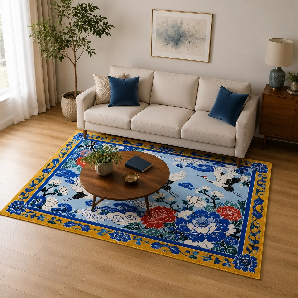 Chinese Crane and Flower Rug Long Pile Faux Cashmere High-Definition Print Double Locked Edge Non-Slip Machine Washable Living Room Bedroom Decor