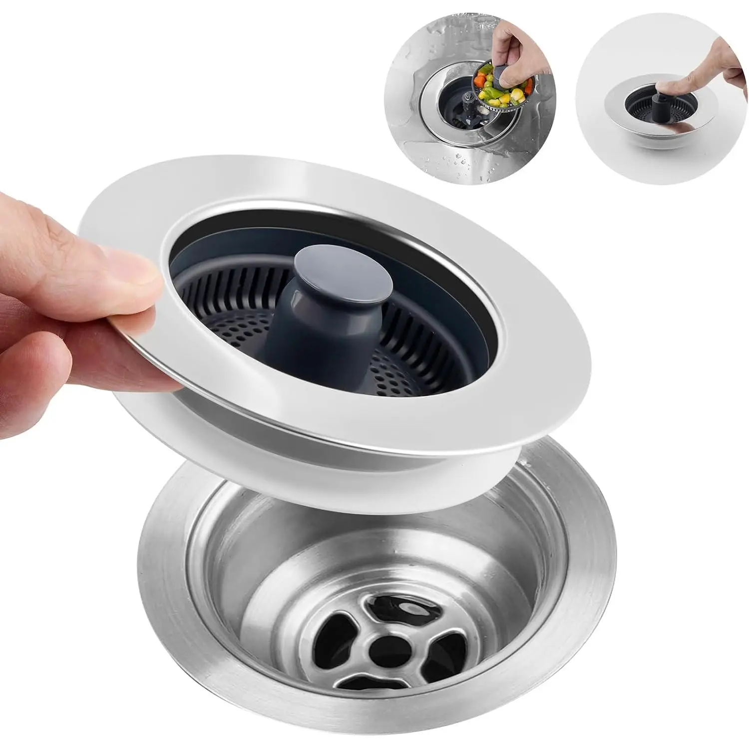 3-in-1 Kitchen Sink Drain Strainer & Stopper, Flat Handle, Chrome | Stainless Steel Wrapped Shell Metal Pop-up Sink Stopper Combo, Anti-Clogging Basket Strainer for  Standard 3-1/2" Drain