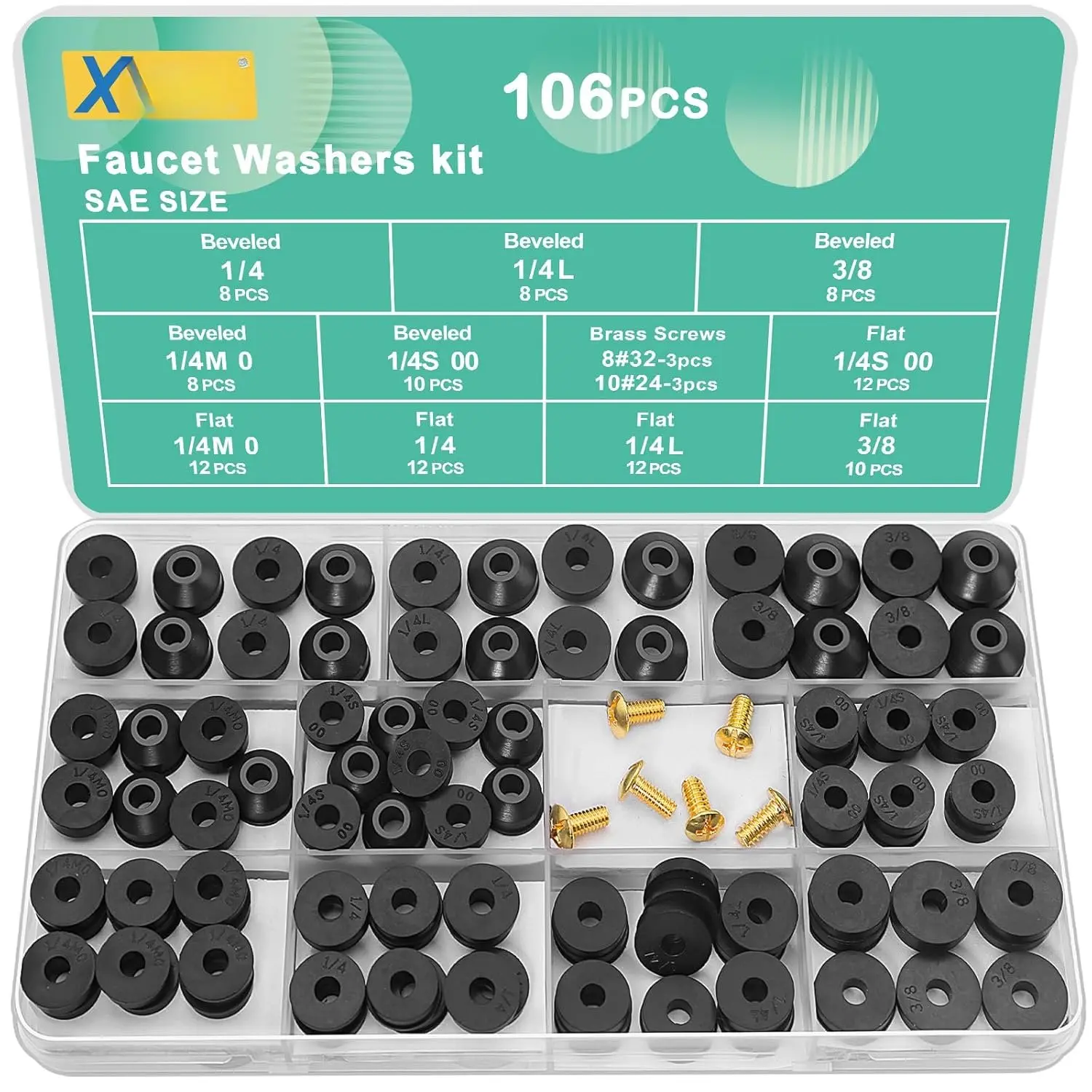 106 count Faucet Washer  Kit with  Flat and Beveled Rubber Washers for Outdoor Garden Faucet Stem Leak Worn  Repair
