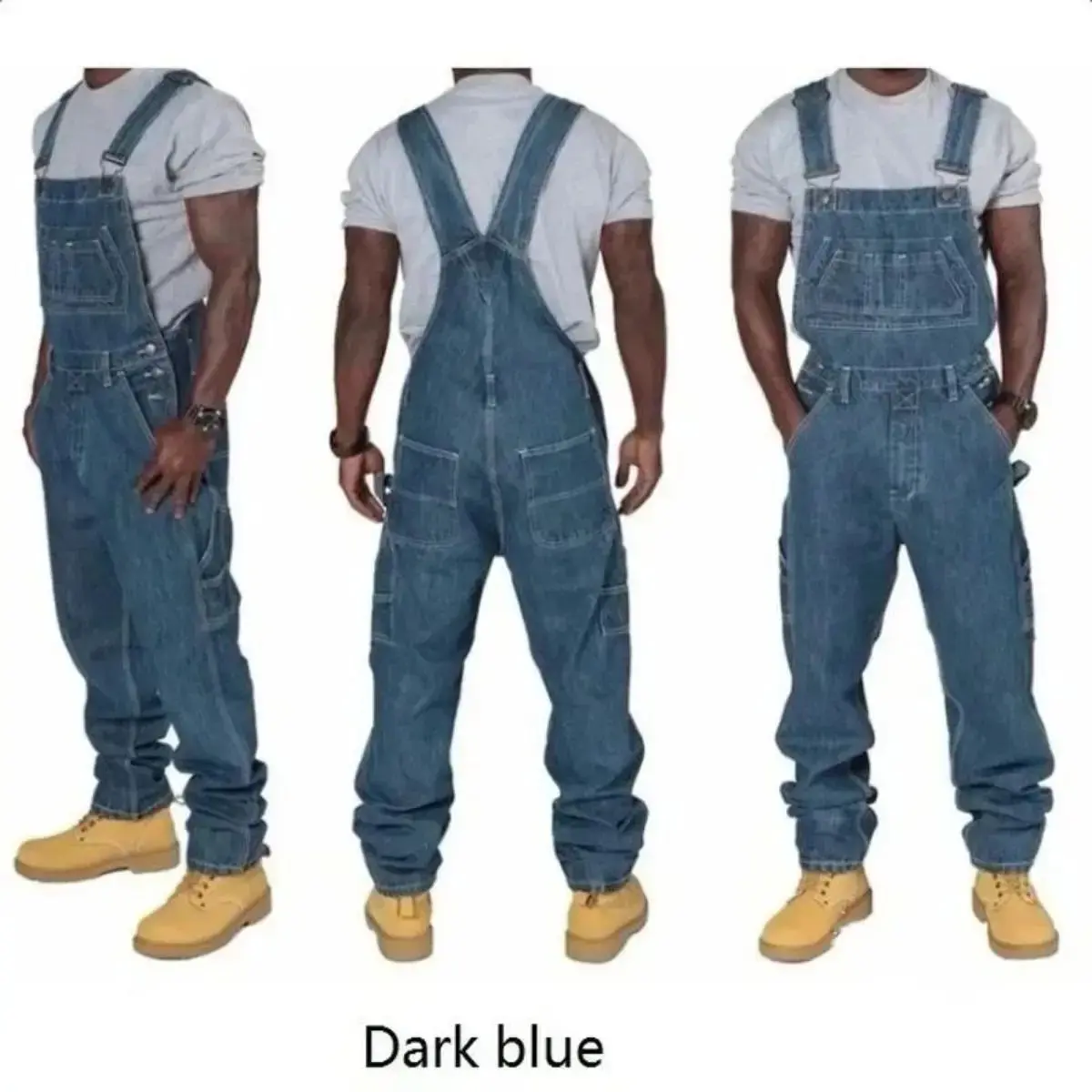 Men's Dark Blue Plain Denim Bib Overalls - 2025 Casual Joggers, Loose Straight-Leg Pants with Pockets, Slim Splice Rompers for Autumn Sports & Outdoor Activities