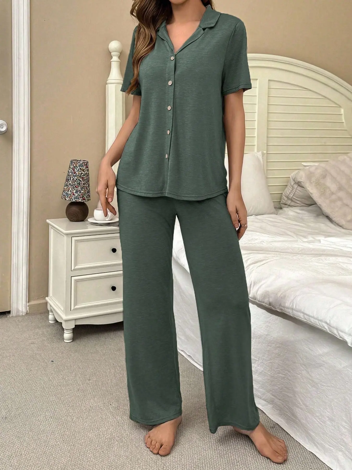 Women's Comfortable Cotton Pajamas, Solid Color Short Sleeve Open Front Top and Long Pants, Wearable at Home, Cozy Loungewear Sleepwear Set