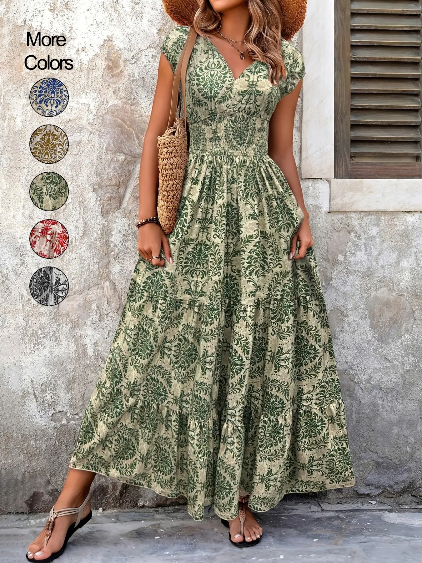 Women's All Over Print Shirred Flowy Maxi Dress, Boho Fashion Short Sleeve V Neck Dress for Daily Holiday Vacation Wear, Women Dress for Summer