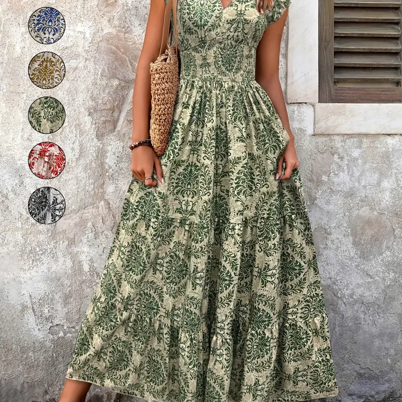【Black Friday】Women's All Over Print Shirred Flowy Dress, Boho Style Fashion Short Sleeve V-Neck Dress for Vacations and Daily Wear, Women's Dress for Summer