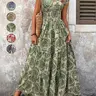 【Black Friday】Women's All Over Print Shirred Flowy Dress, Boho Style Fashion Short Sleeve V-Neck Dress for Vacations and Daily Wear, Women's Dress for Summer