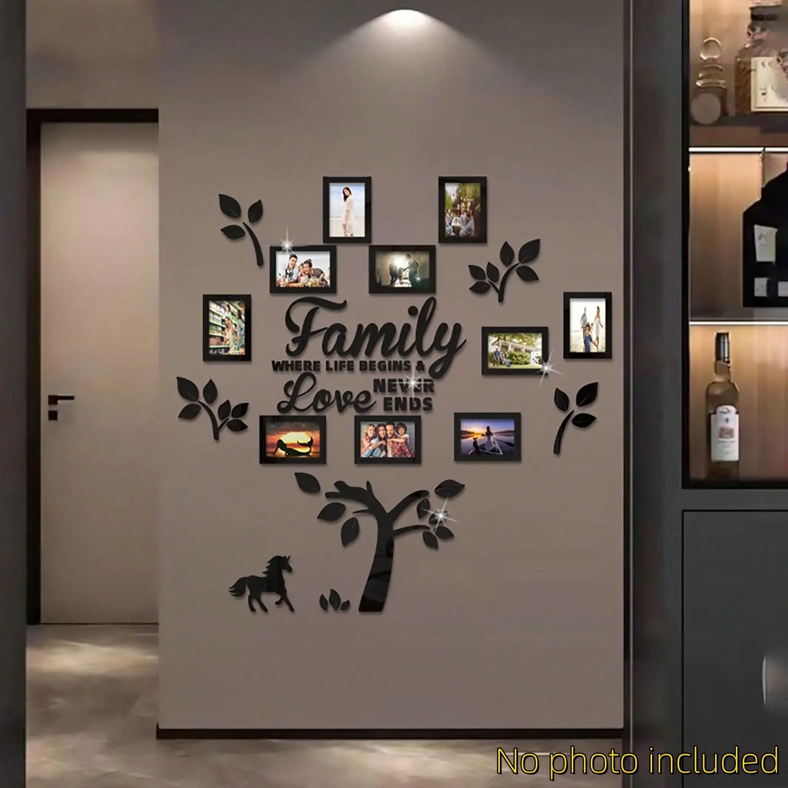 10 Pcs 6-Inch Family Tree Acrylic Photo Frame Wall Stickers with Pony Accent, Removable 3D Mirror Finish Tree Wall Decals, Art Background Decor for Home & Office, Wall Decorations