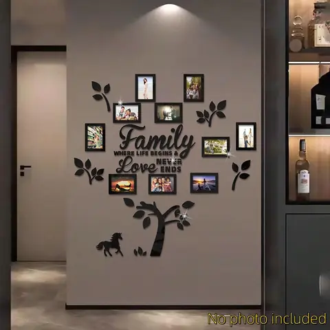 10 Pcs 6-Inch Family Tree Acrylic Photo Frame Wall Stickers with Pony Accent, Removable 3D Mirror Finish Tree Wall Decals, Art Background Decor for Home & Office, Wall Decorations