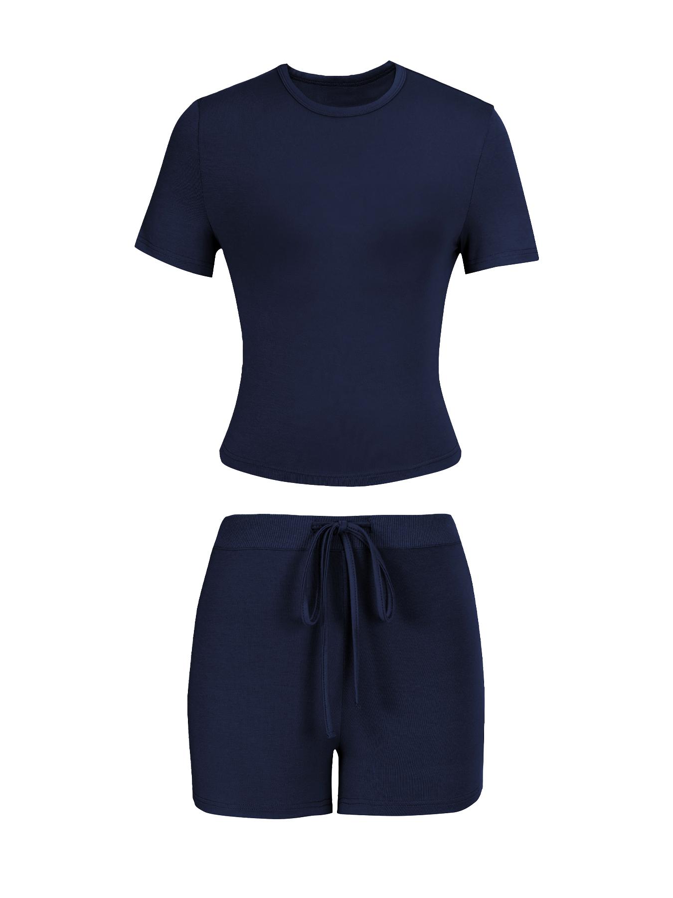 Women's Solid Color Modal Loungewear Two-Piece Set, Casual Comfy Short Sleeve Round Neck Tee & Drawstring Waist Shorts PJ Set, Ladies Sleepwear for All Seasons