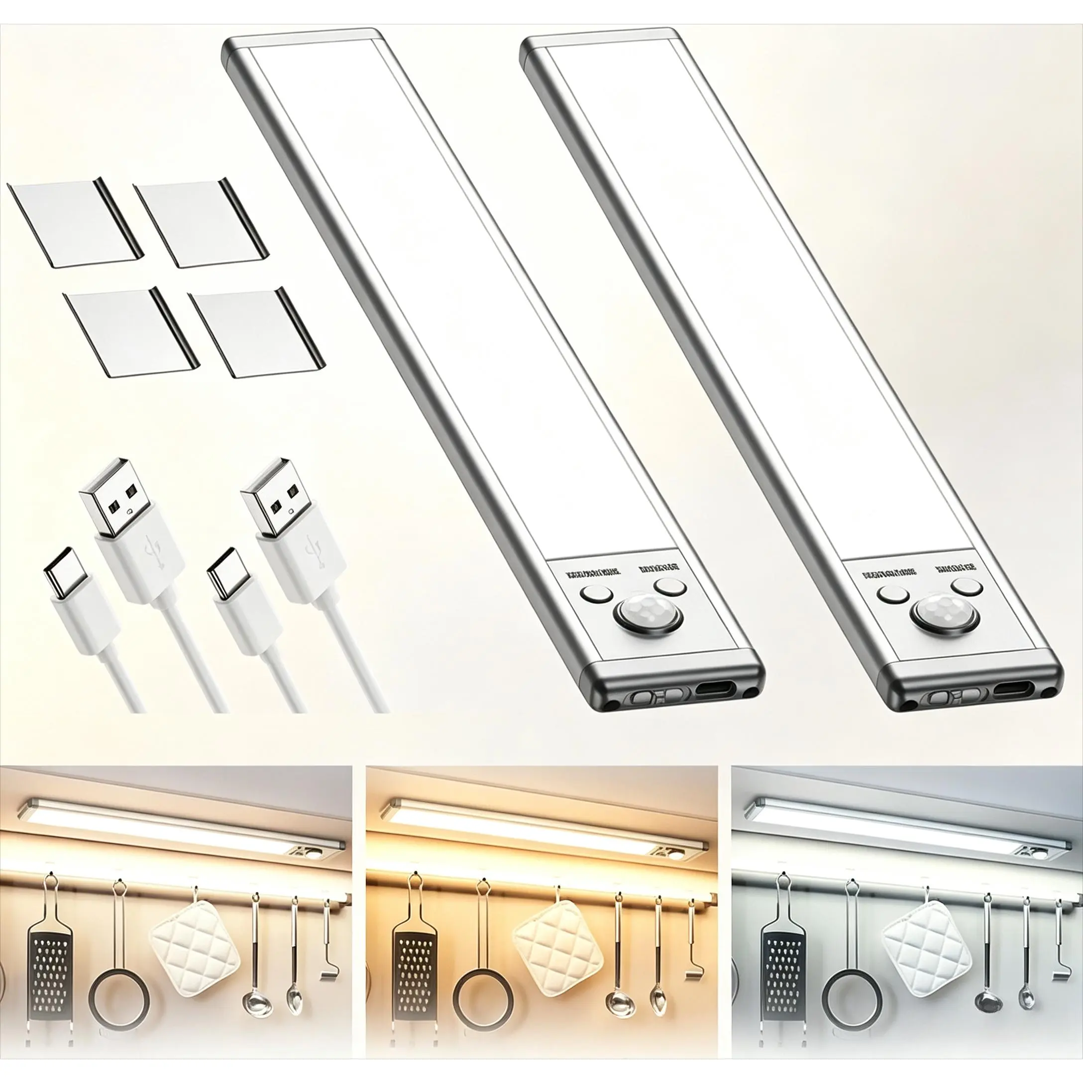 2Pcs Wireless Under Cabinet Motion Sensor LED Lights - 1500mAh USB-C Fast Rechargeable, Auto Off, Dimmable, No Drill Magnetic Mount Lamp for Kitchen, Wardrobe, Garage (Home Supplies)